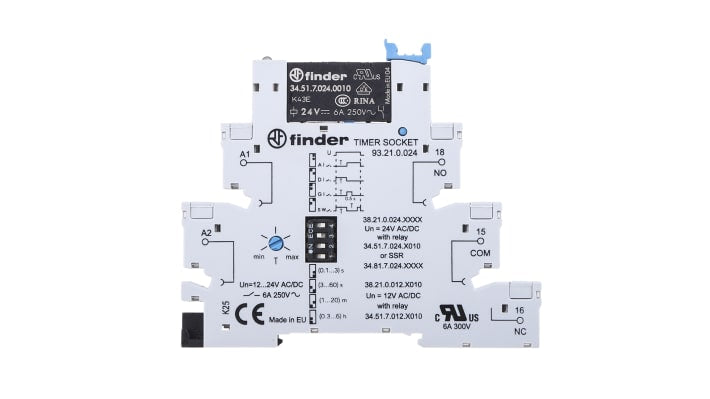 Finder, relè timer multifunzione SPDT per guida DIN, intervallo 0,1 s a 6 h, 24V, 10A, design sottile 6,2 mm.