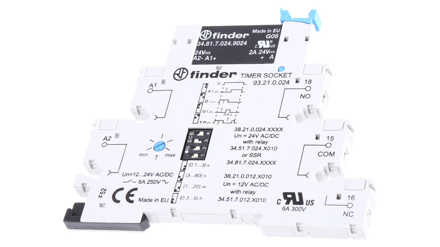 Finder, relè timer multifunzione SPDT per guida DIN, intervallo 0,1s-6h, 10A, 24VAC/VDC, dimensioni 6,2x75,6 mm.