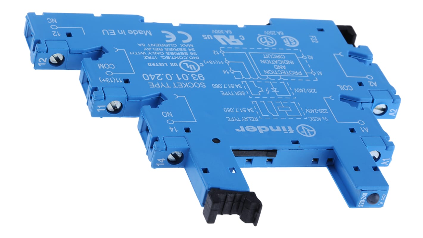 Finder 93.01.0.240, zoccolo per relè a 60 V c.c., montaggio su guida DIN, 5 contatti, corrente nominale 10 A.