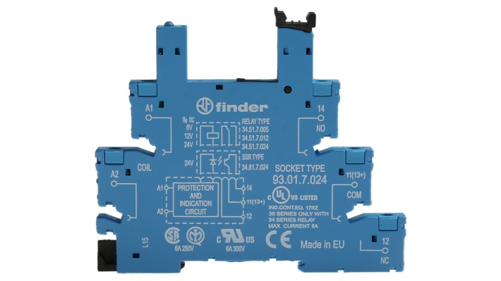 Finder 93.01.7.024, zoccolo per relè serie 34.81 e 34.51, montaggio su guida DIN, 5 pin, corrente 6A, tensione 250VAC.