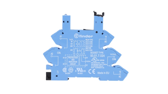 Finder 93.51.7.024, zoccolo per relè 5 pin su guida DIN, 6A, 250VAC, contatti SPDT, grado di protezione IP20.