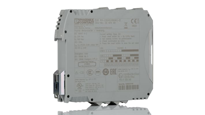 Starter motore Phoenix Contact 2297044, 3 fasi, 1 kW, montaggio su guida DIN, dimensioni 106,6 x 22,5 x 114 mm.