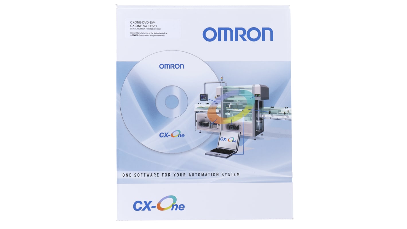 Software di programmazione PLC Omron CXONE-DVD-EV4 per configurazione di sistemi di controllo e sensori.