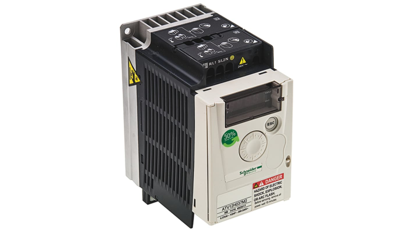 Inverter Schneider Electric ATV12H037M2, 0,37 kW, 230V c.a., 1 fase, 400Hz. Controllo preciso, risparmio energetico 30%. Ideale per autolavaggi e nastri trasportatori.