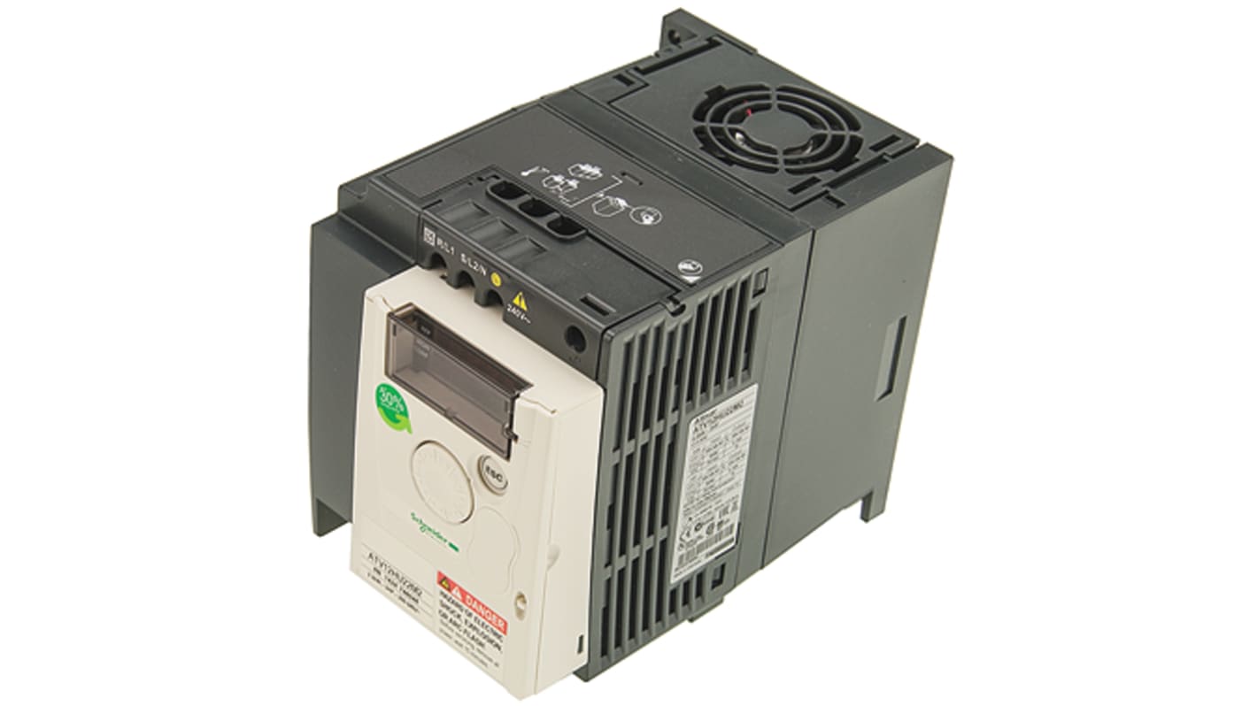 Inverter Schneider Electric ATV12HU22M2 2,2 kW 230V c.a. 1 fase 400Hz per motori industriali e macchinari, con comunicazione Modbus e dissipatore integrato.