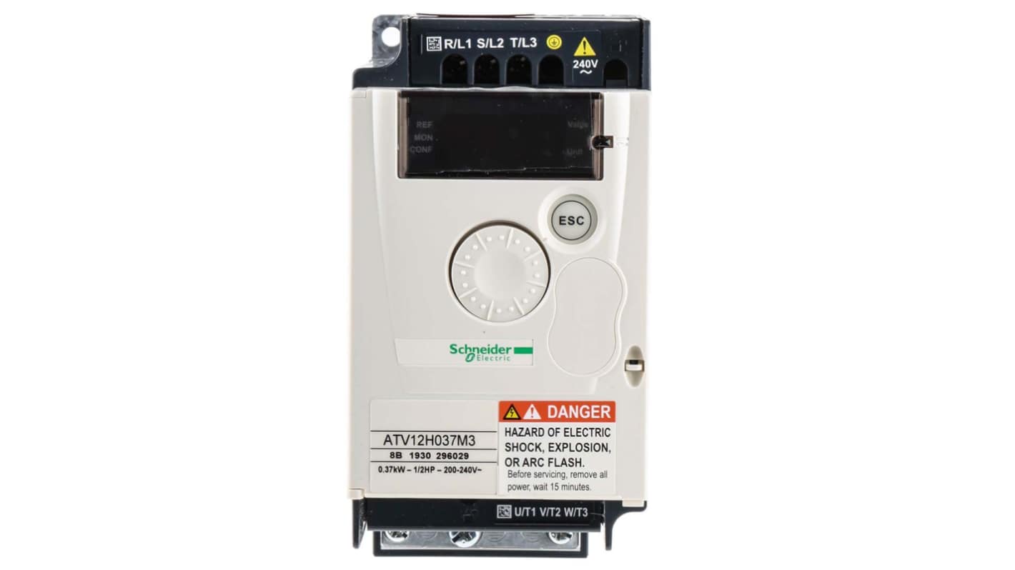 Inverter Schneider Electric ATV12H037M3, 0,37 kW, 3 fasi, 230 V, IP20, controllo vettoriale, dimensioni 143x72x121 mm.