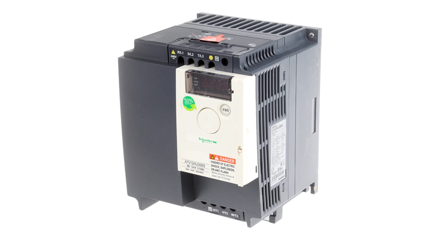 Inverter Schneider Electric ATV12HU30M3, 3 fasi, 3 kW, 230 V, 400 Hz, montaggio su guida DIN, dimensioni 184 x 140 x 141 mm.