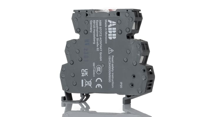 Relè d'interfaccia ABB RB111R-24VUC, 24V, SPST, montaggio su guida DIN, dimensioni 70 x 12 x 75 mm, LED integrato.