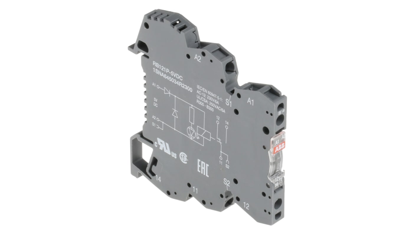Relè d'interfaccia ABB RB121P-5VDC, bobina 5V cc, contatti SPDT, montaggio su guida DIN, dimensioni 70 x 6 x 75 mm.