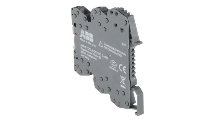 Relè d'interfaccia ABB RB121P-5VDC, bobina 5V cc, contatti SPDT, montaggio su guida DIN, dimensioni 70 x 6 x 75 mm.