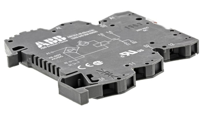 Relè d'interfaccia ABB R600, SPDT, 48V, montaggio su guida DIN, dimensioni 70 x 6 x 75mm, corrente 6A, temperatura -20/+70°C.