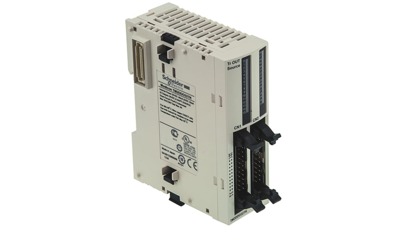 Modulo I/O Schneider Electric TM2DDO32TK per Modicon M238, 32 uscite digitali, alimentazione 24 V, montaggio su guida DIN.