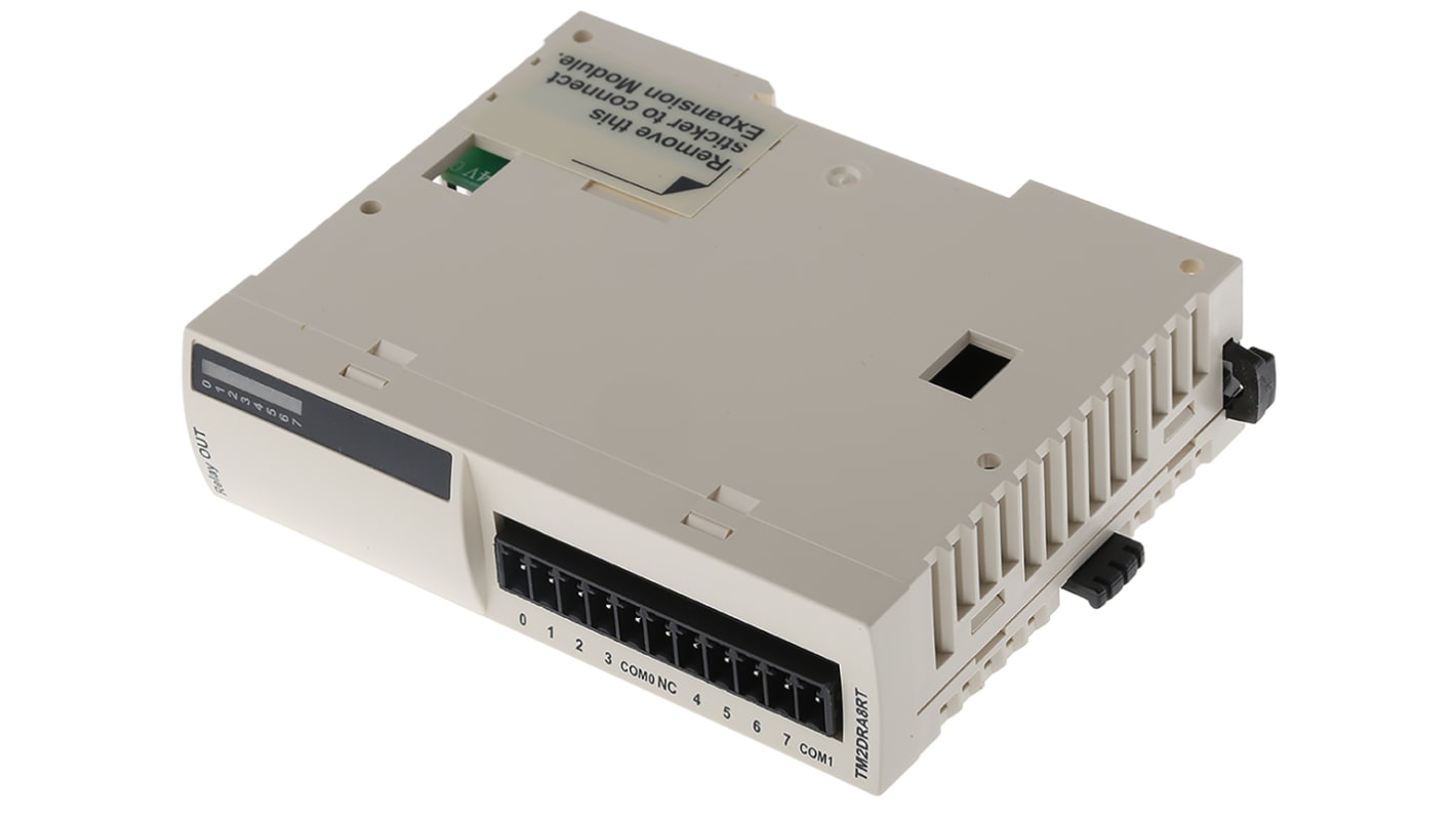 Modulo I/O PLC Schneider Electric TM2DRA8RT per Modicon M238, 8 uscite digitali, alimentazione 24 V c.c., dimensioni 90 x 24 x 70 mm. Morsetto per guida DIN.