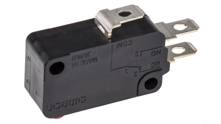 Microinterruttore Omron VX-01-1A2 SPDT a saldare, corrente 100 mA, protezione IP40, durata meccanica 10 milioni di cicli.
