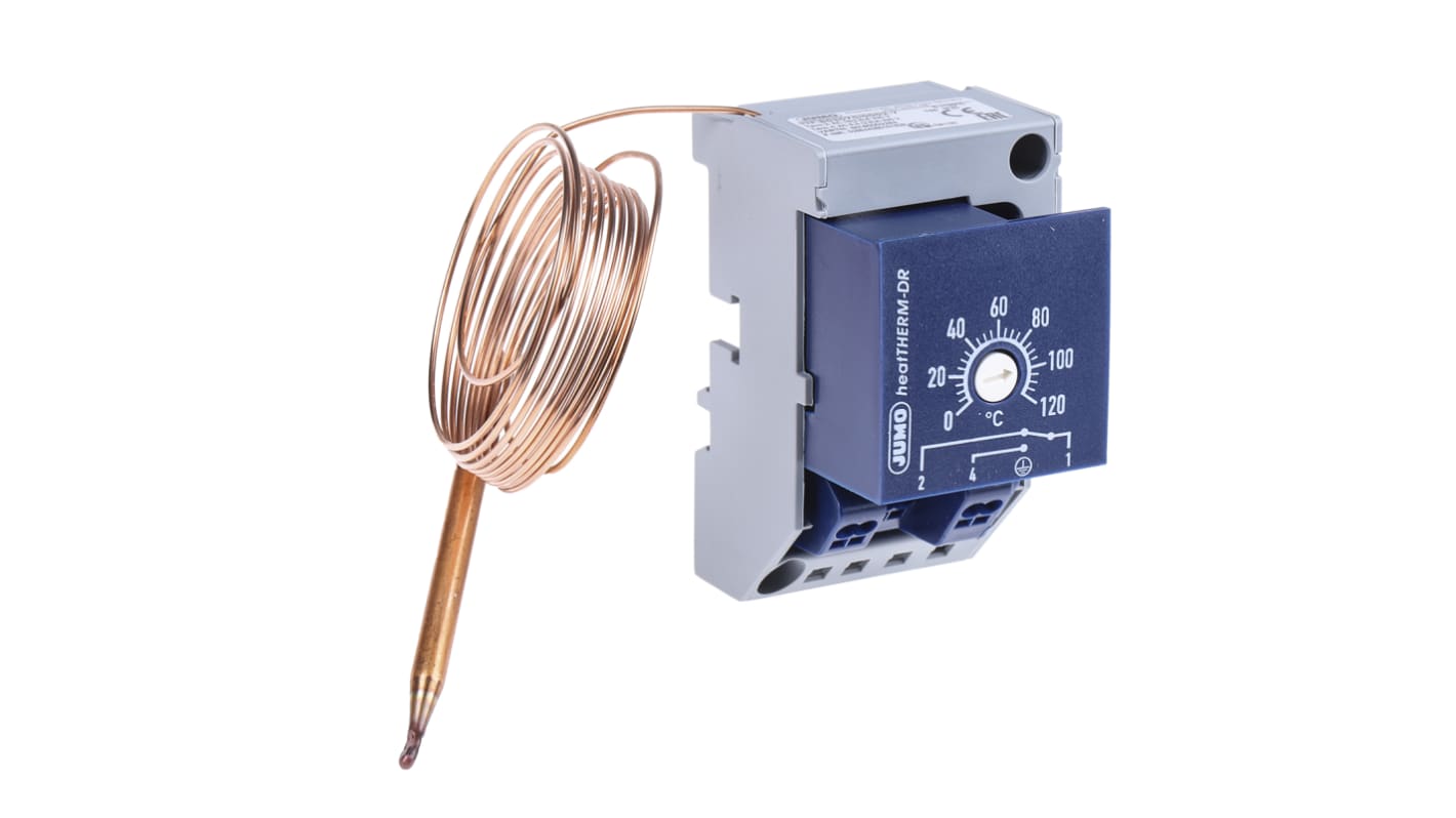 Termostato capillare Jumo, monitor di temperatura heatTHERM-DR, lunghezza capillare 2000 mm, configurazione NO/NC, grado di protezione IP20.