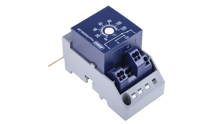 Termostato capillare Jumo, monitor di temperatura heatTHERM-DR, lunghezza capillare 2000 mm, configurazione NO/NC, grado di protezione IP20.