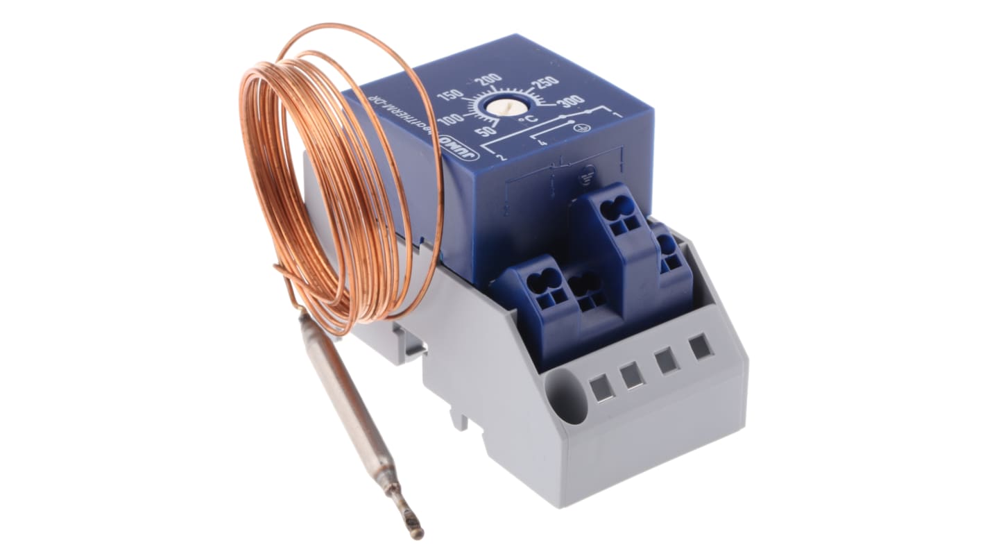 Termostato capillare Jumo, monitor di temperatura heatTHERM-DR, lunghezza capillare 2000 mm, montaggio superficiale, grado di protezione IP20.