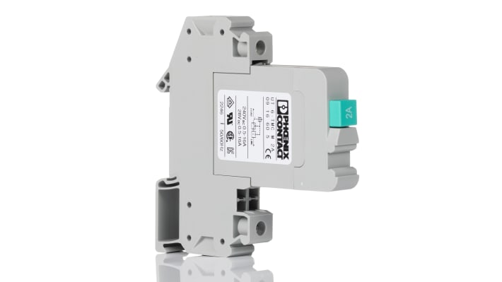 Interruttore automatico di protezione motore Phoenix Contact 0916605, corrente nominale 2 A, montaggio su guide DIN, dimensioni 12,3 x 85,5 x 89,5 mm.