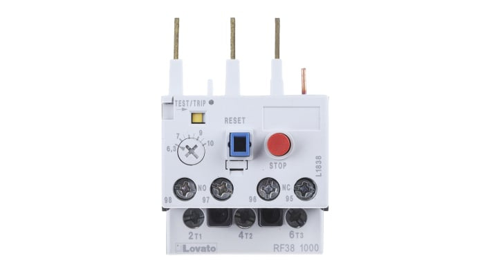 Relè di sovraccarico termico Lovato RF381000, 3 poli, 10 A, montaggio su contattori BF09-BF38, temperatura -25/+60 °C.
