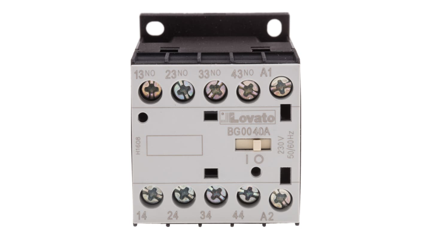Relè contattore Lovato 11BG0040A230, 4 poli, 10 A, 690 V CA, montaggio su guida DIN, dimensioni 44x58x57 mm, IP20.
