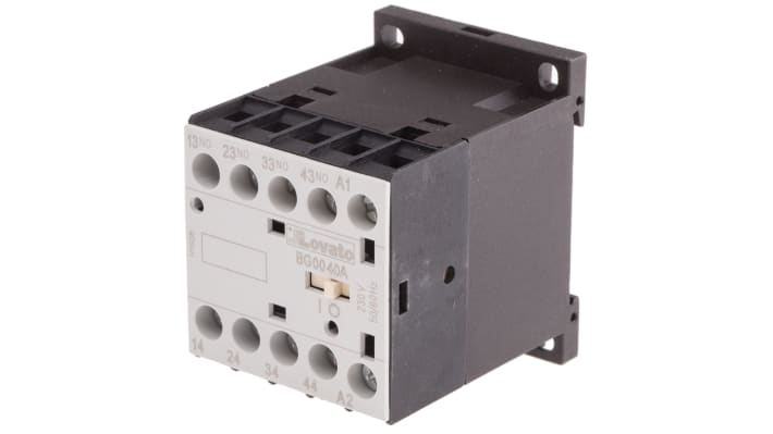 Relè contattore Lovato 11BG0040A230, 4 poli, 10 A, 690 V CA, montaggio su guida DIN, dimensioni 44x58x57 mm, IP20.
