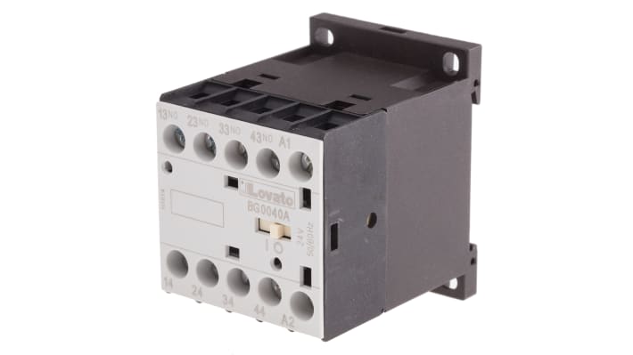 Relè contattore Lovato 11BG0040A024, 4 poli, 10 A, 24 V c.a., montaggio su guida DIN, dimensioni 44x58x57 mm, grado di protezione IP20.