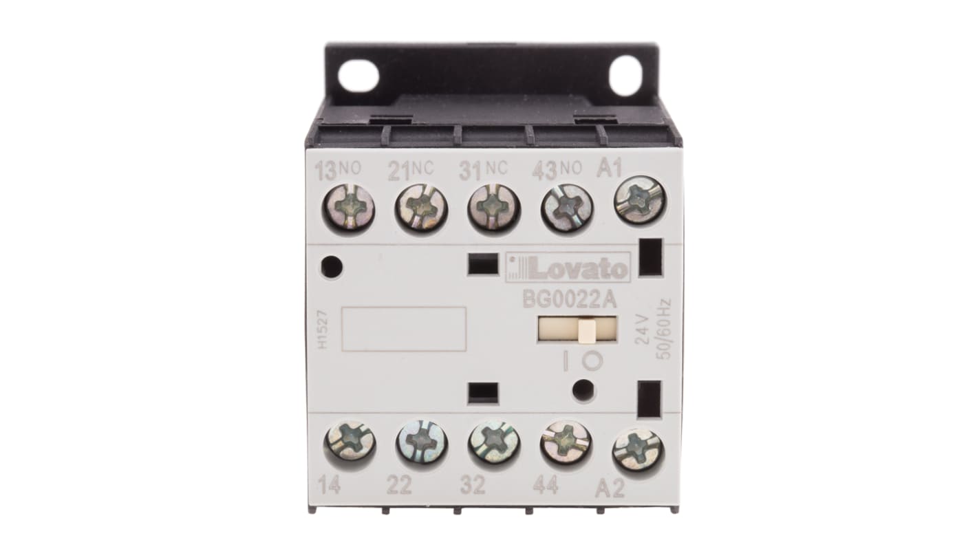 Relè contattore Lovato 11BG0022A024, 4 poli, 10 A, 24 V c.a., montaggio su guida DIN, dimensioni 58x44x57 mm, grado di protezione IP20.