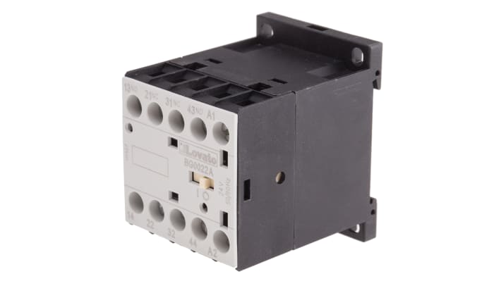 Relè contattore Lovato 11BG0022A024, 4 poli, 10 A, 24 V c.a., montaggio su guida DIN, dimensioni 58x44x57 mm, grado di protezione IP20.