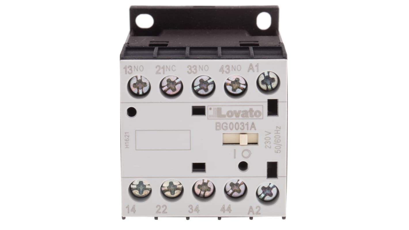 Relè contattore Lovato 11BG0031A230, 4 poli 3NO+1NC, 10 A, 230 V ca, montaggio su guida DIN, dimensioni 44x58x57 mm.