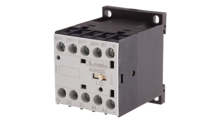 Relè contattore Lovato 11BG0022D024, 4 poli, 2 NO + 2 NC, corrente 10 A, tensione 24 V c.c., montaggio su guida DIN, dimensioni 44x58x57 mm.