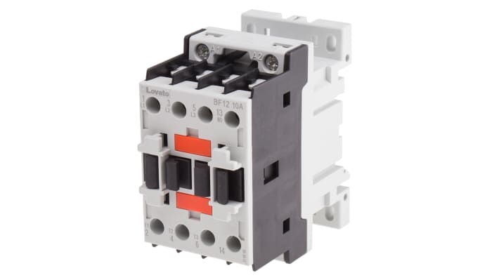 Contattore Lovato BF1210A400, 3 poli, 12 A, montaggio su guida DIN 35 mm, dimensioni 45 x 81 x 80,7 mm, protezione IP20.