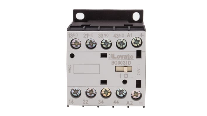 Relè contattore Lovato 11BG0031D024, 4 poli, 10 A, 24 V c.c., montaggio su guida DIN, dimensioni 44x58x57 mm, grado di protezione IP20.