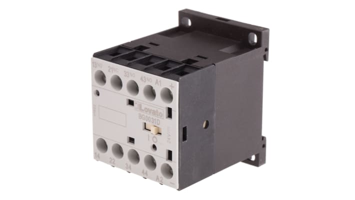 Relè contattore Lovato 11BG0031D024, 4 poli, 10 A, 24 V c.c., montaggio su guida DIN, dimensioni 44x58x57 mm, grado di protezione IP20.