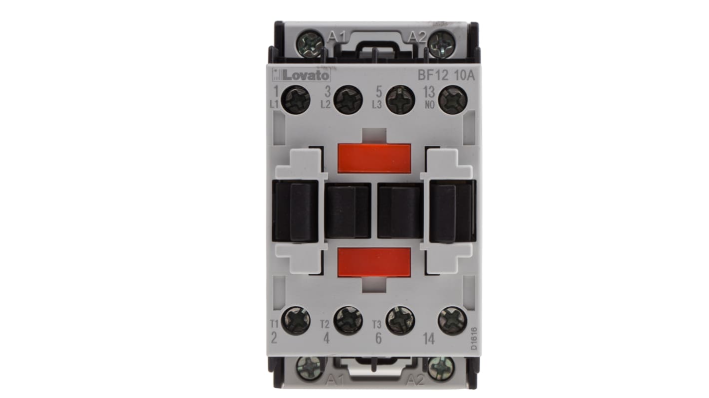 Contattore Lovato BF1210A110, 3 poli, 12 A, bobina 110 V c.a., montaggio su guida DIN 35 mm, dimensioni 45 x 81 x 80.7 mm.