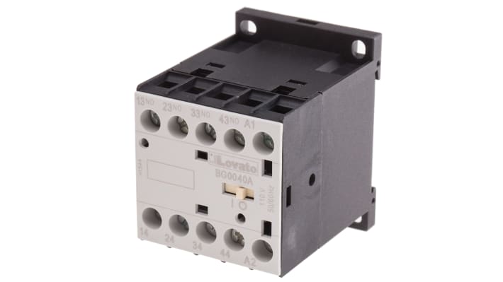 Relè contattore Lovato 11BG0040A110, 4 poli, 10 A, 110 V c.a., montaggio su guida DIN, dimensioni 58x44x57 mm, grado di protezione IP20.