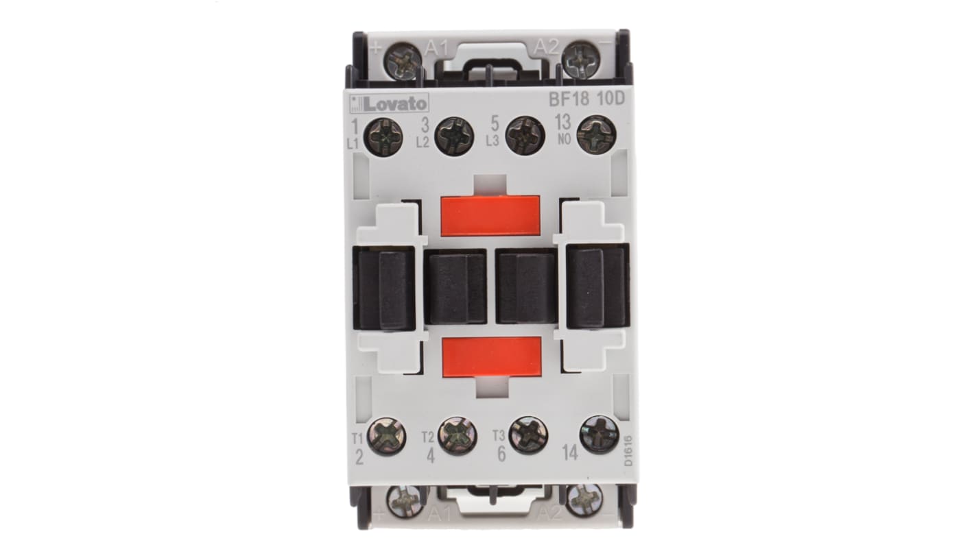 Contattore Lovato BF1810D024, 3 poli, 18 A, bobina 24 V c.c., montaggio su guida DIN 35 mm, dimensioni 81 x 45 x 80.7 mm.