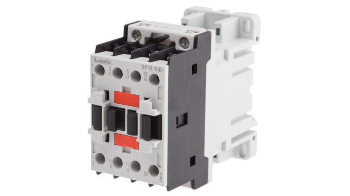 Contattore Lovato BF1810D024, 3 poli, 18 A, bobina 24 V c.c., montaggio su guida DIN 35 mm, dimensioni 81 x 45 x 80.7 mm.