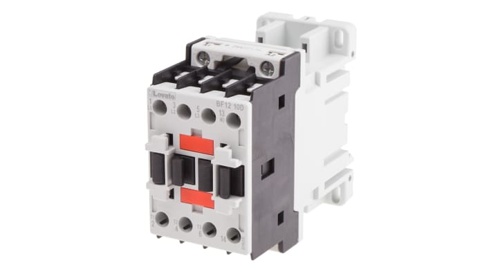 Contattore Lovato BF1210D024, 3 poli, 12 A, bobina 24 V c.c., montaggio su guida DIN 35 mm, dimensioni 81 x 45 x 80.7 mm.