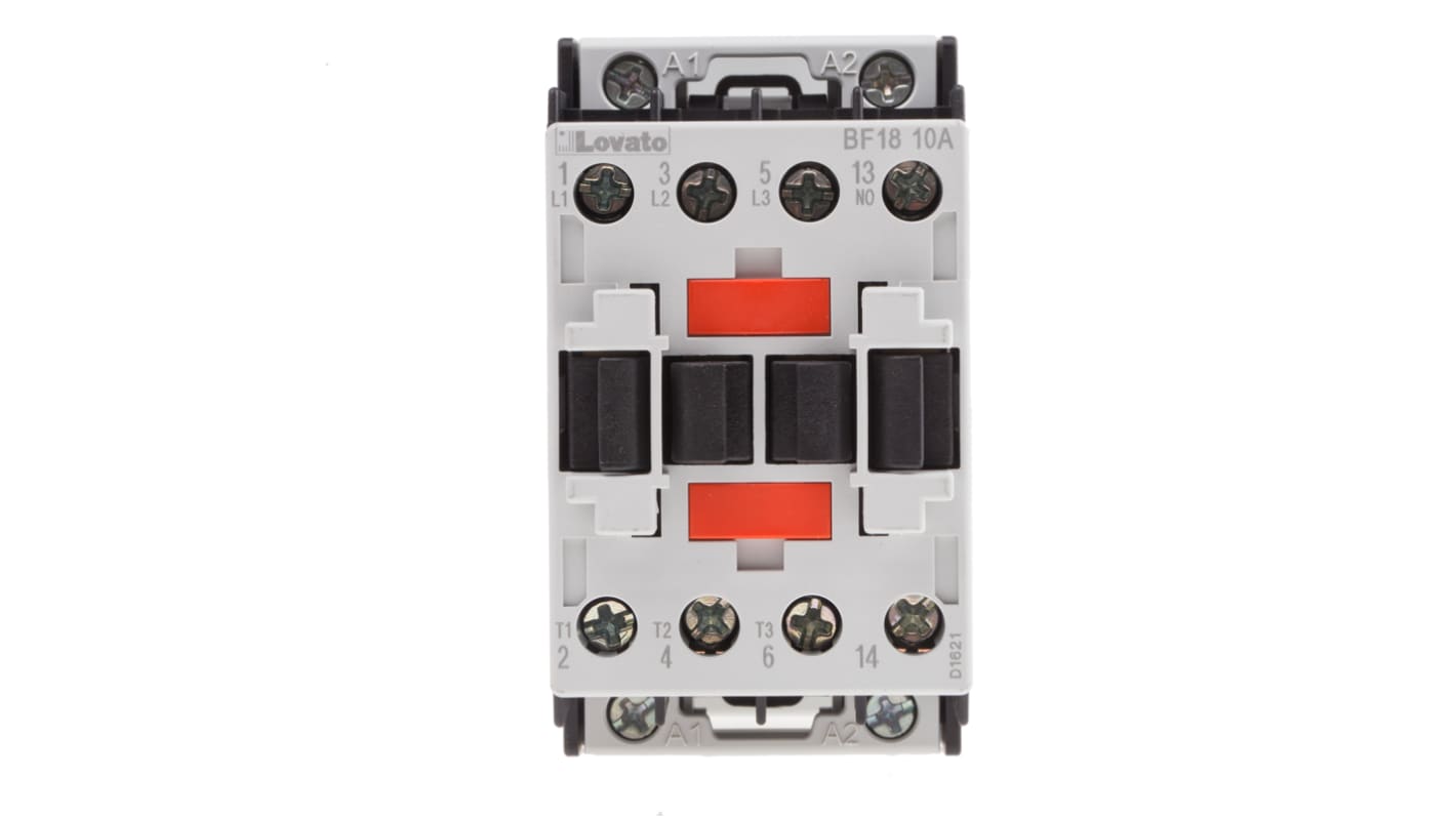 Contattore Lovato BF1810A024, 3 poli, 18 A, bobina 24 V c.a., montaggio su guida DIN 35 mm, dimensioni 81 x 45 x 80,7 mm.