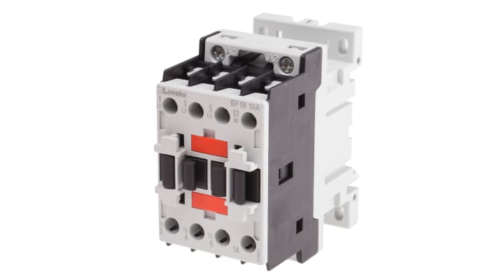 Contattore Lovato BF1810A024, 3 poli, 18 A, bobina 24 V c.a., montaggio su guida DIN 35 mm, dimensioni 81 x 45 x 80,7 mm.