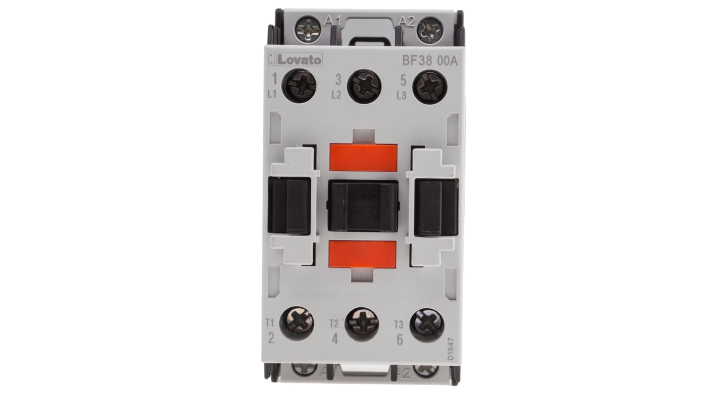 Contattore Lovato BF3800A230, 3 poli, corrente 38 A, montaggio su guida DIN 35 mm, dimensioni 45x90x90 mm, grado di protezione IP20.