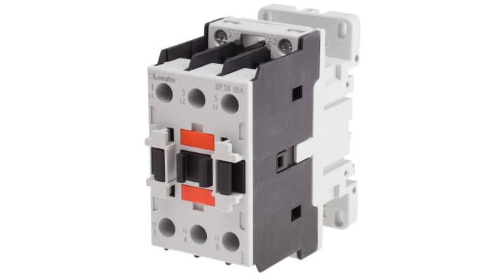 Contattore Lovato BF3800A230, 3 poli, corrente 38 A, montaggio su guida DIN 35 mm, dimensioni 45x90x90 mm, grado di protezione IP20.
