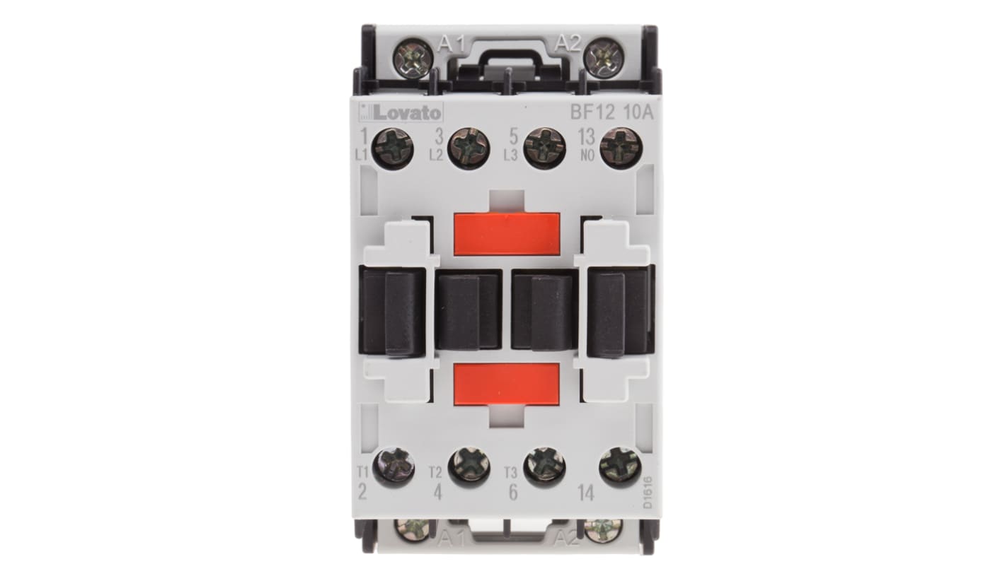 Contattore Lovato BF1210A230, 3 poli, corrente 12 A, montaggio su guida DIN, dimensioni 81x45x80,7 mm, grado di protezione IP20.