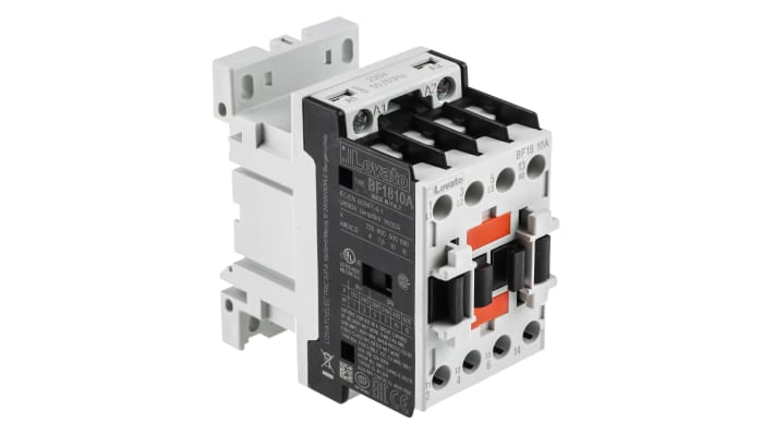 Contattore Lovato BF1810A230, 3 poli, 18 A, bobina 230 V c.a., montaggio su guida DIN, dimensioni 45 x 81 x 80,7 mm.