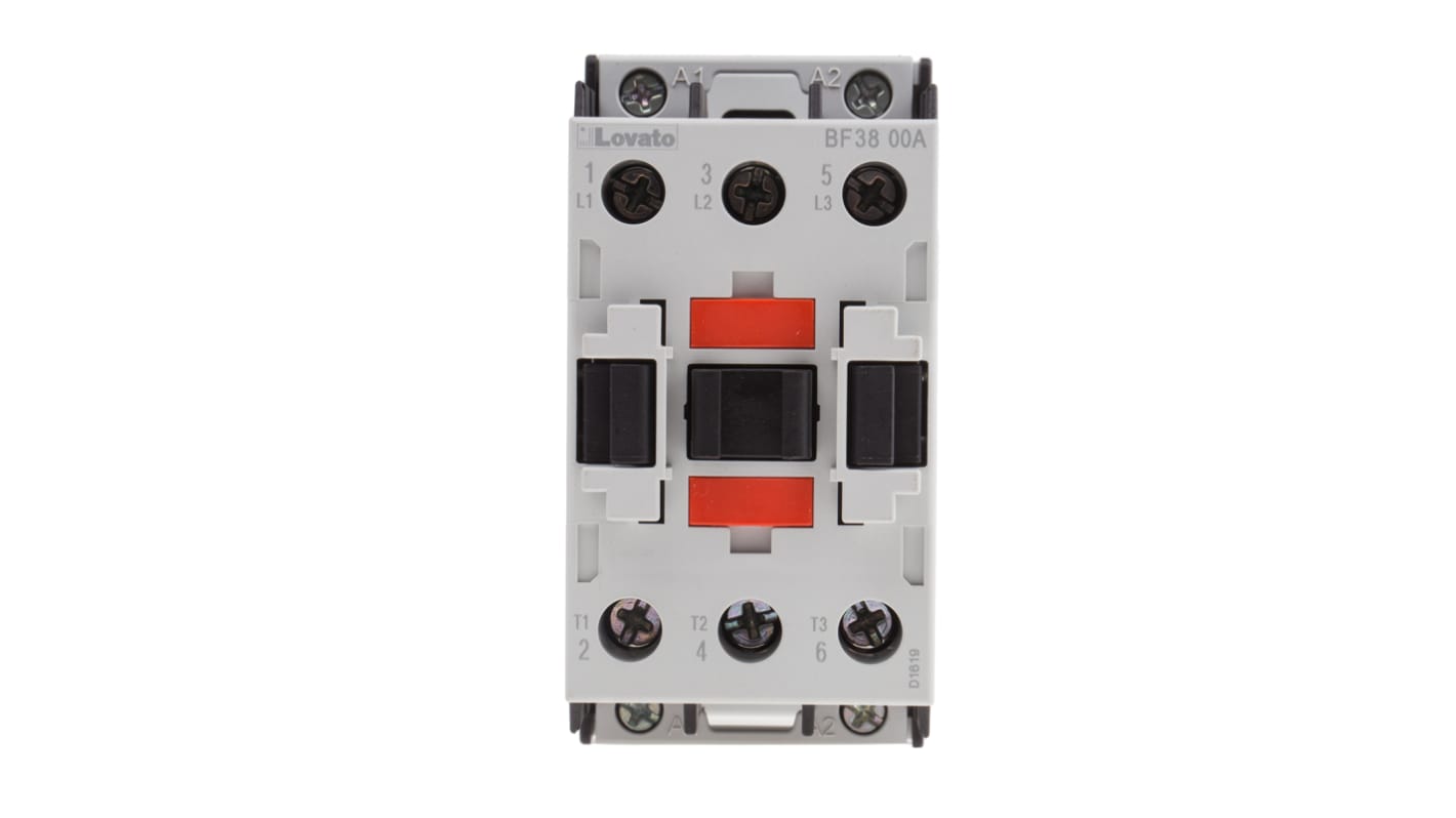 Contattore Lovato BF3800A110, 3 poli, 38 A, bobina 110 V c.a., montaggio su guida DIN 35 mm, dimensioni 45x90x90 mm.