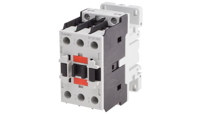 Contattore Lovato BF3800A110, 3 poli, 38 A, bobina 110 V c.a., montaggio su guida DIN 35 mm, dimensioni 45x90x90 mm.