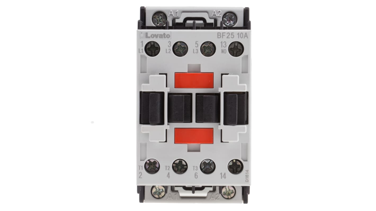 Contattore Lovato BF2510A024, 3 poli, 25 A, 440 V CA, montaggio su guida DIN, dimensioni 81x45x80.7 mm, grado di protezione IP20.