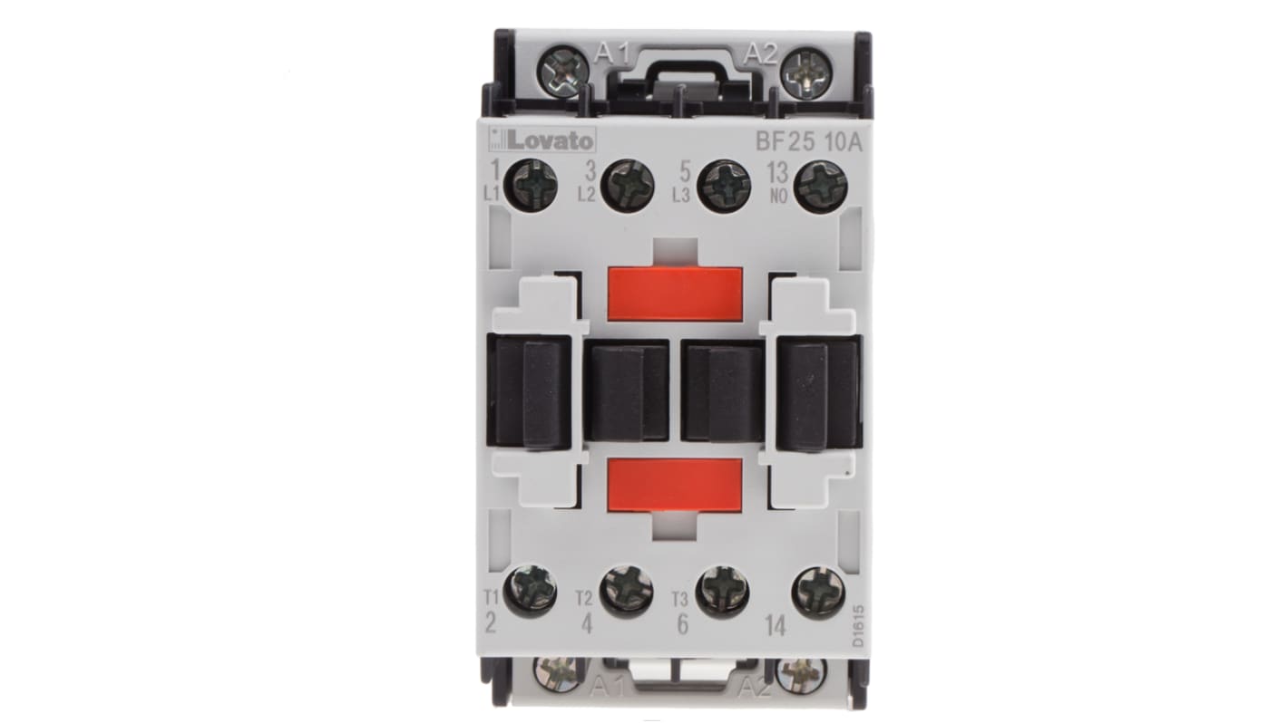 Contattore Lovato BF2510A110, 3 poli, 25 A, bobina 110 V c.a., montaggio su guida DIN 35 mm, dimensioni 45 x 81 x 80.7 mm.