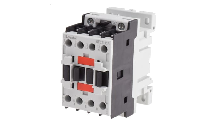 Contattore Lovato BF2510A110, 3 poli, 25 A, bobina 110 V c.a., montaggio su guida DIN 35 mm, dimensioni 45 x 81 x 80.7 mm.