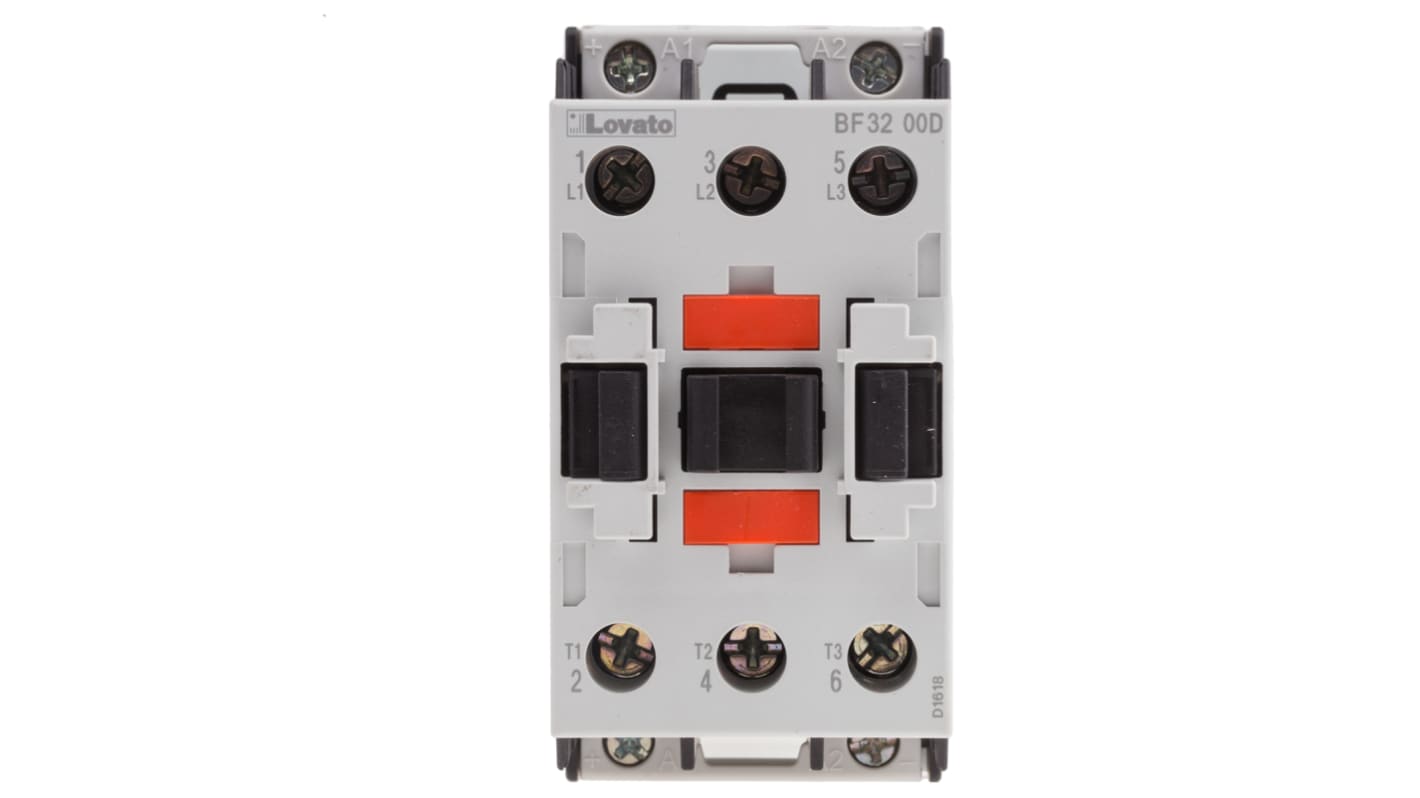 Contattore Lovato BF3200D024, 3 poli, 32 A, bobina 24 V c.c., montaggio su guida DIN 35 mm, dimensioni 45x90x90 mm.